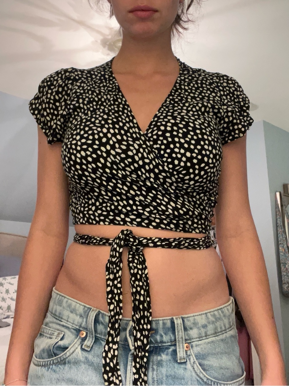 Black & White Dotted Wrap Crop Top with Tie
